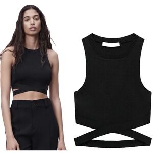 NWT ZARA Knit Cut Out Cropped Top Black Womens Small Grunge Y2K Whimsigoth Rock